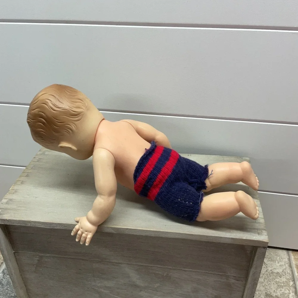 Vintage 10 Inch Baby Boy Doll Molded Hair Sleep Eyes Knit Shorts 1950s 1960s